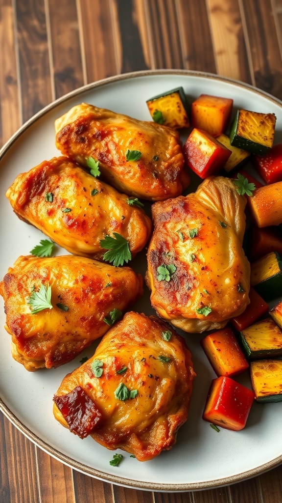 Crispy air fryer chicken thighs garnished with herbs, served with roasted vegetables on a rustic table.